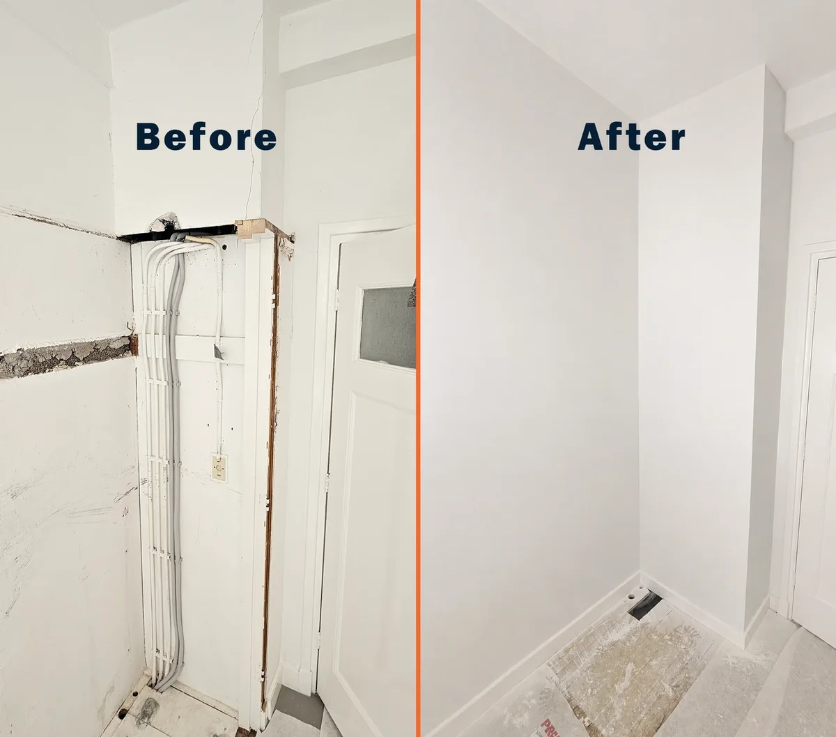Voor en na van een meterkast met een nette ombouw en strak herstelde wand