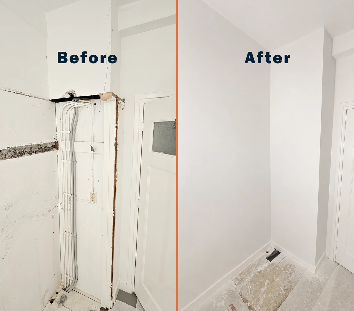 Before and after wall repair and plastering work