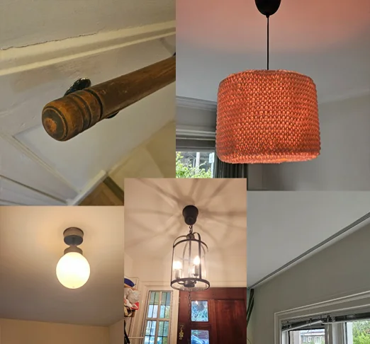 Lampen en gordijnrails in een jaren 30-woning, met een herstelde trapleuning