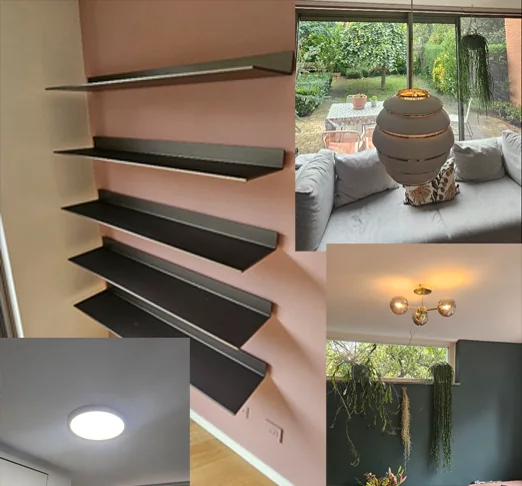 Lampen, zware stalen wandplanken en schoenenrekken netjes opgehangen tijdens een kluslijstje