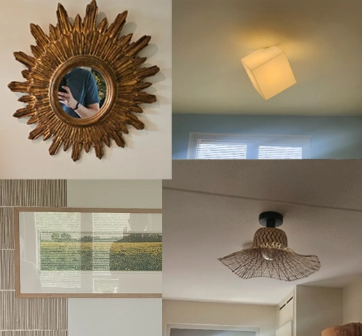 Lampen, spiegel en schilderijen netjes opgehangen in huis