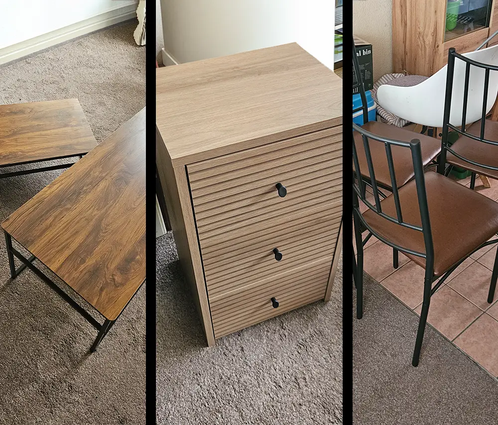 Tafeltjes, een kastje en stoelen die netjes in elkaar zijn gezet