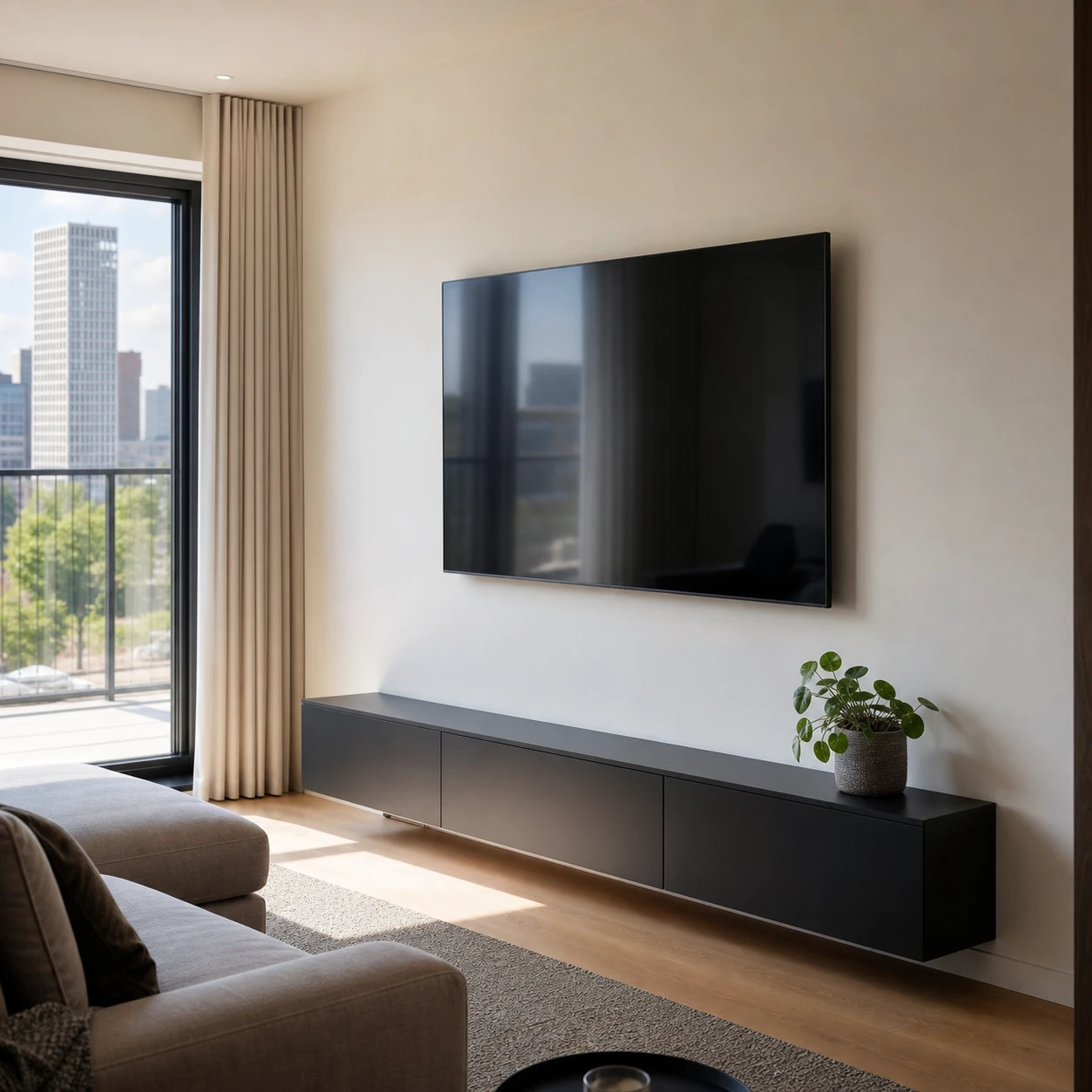 Netjes gemonteerde televisie aan de muur in een lichte woonkamer